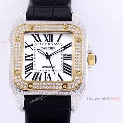 Iced Out Cartier Santos Watch Two Tone Case Automatic Movement